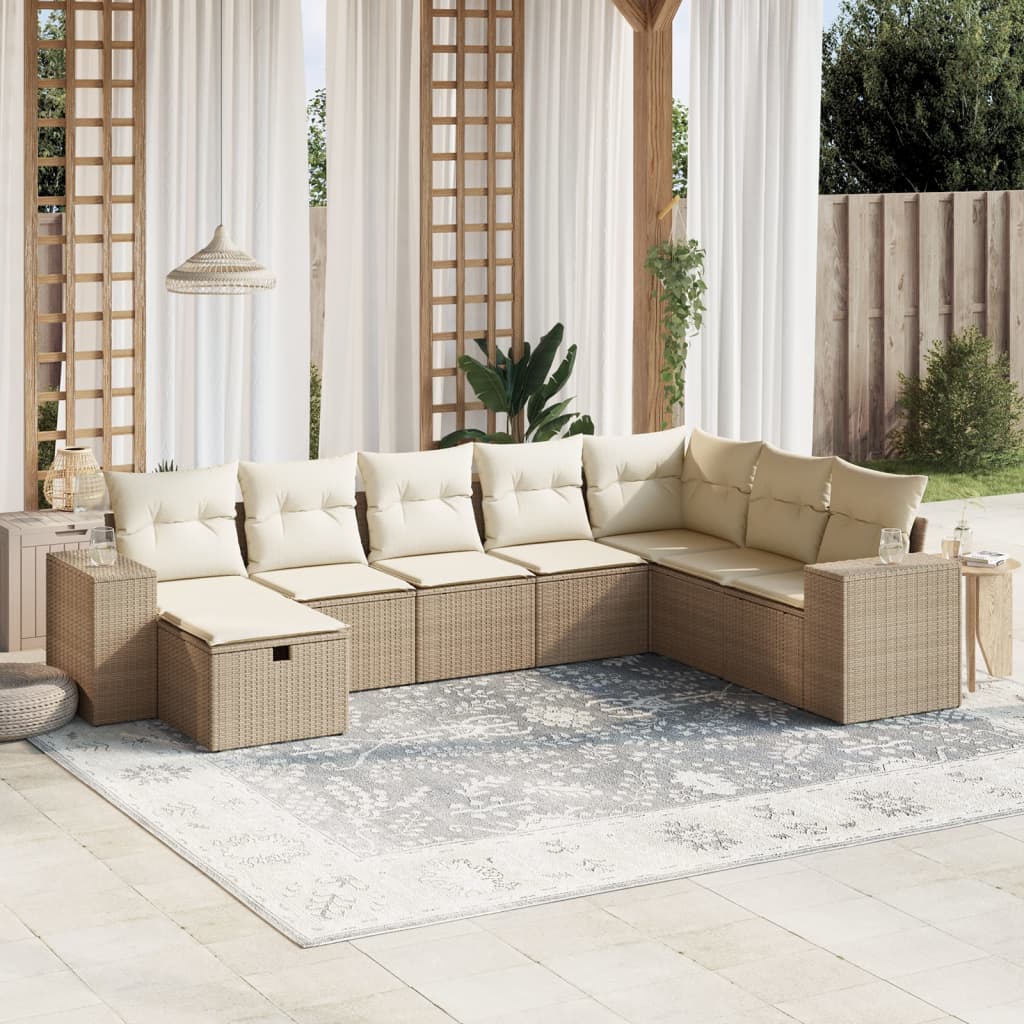 Salon de jardin avec coussins 8 pcs beige résine tressée