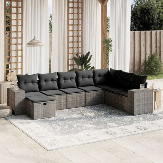 Salon de jardin 8 pcs avec coussins gris résine tressée