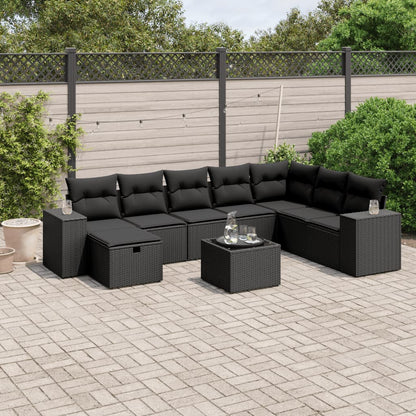 Salon de jardin 9 pcs avec coussins noir résine tressée