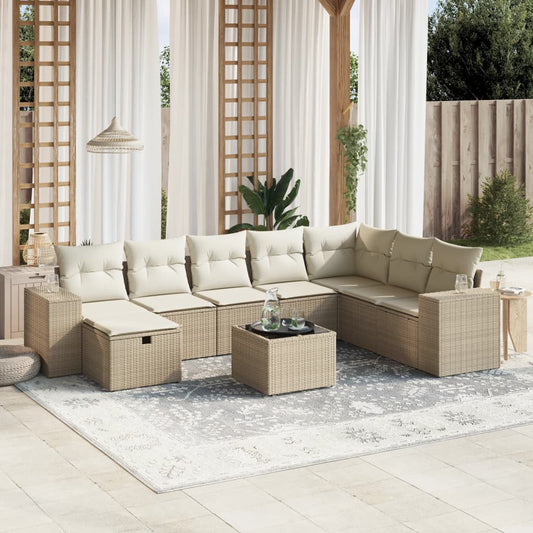 Salon de jardin avec coussins 9 pcs beige résine tressée