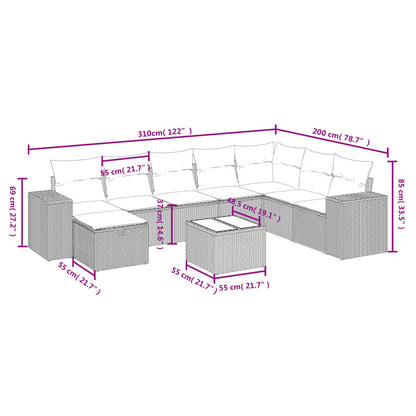 Salon de jardin avec coussins 9 pcs marron résine tressée