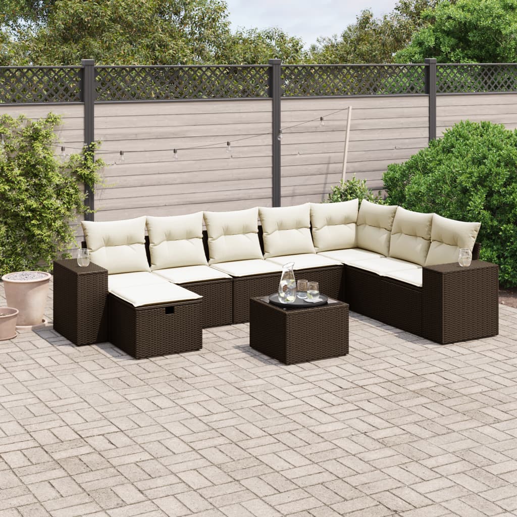 Salon de jardin avec coussins 9 pcs marron résine tressée