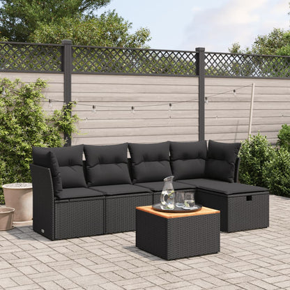 Salon de jardin 6 pcs avec coussins noir résine tressée