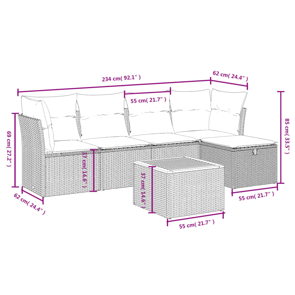 Salon de jardin 6 pcs avec coussins gris résine tressée