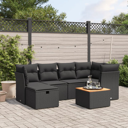 Salon de jardin 7 pcs avec coussins noir résine tressée