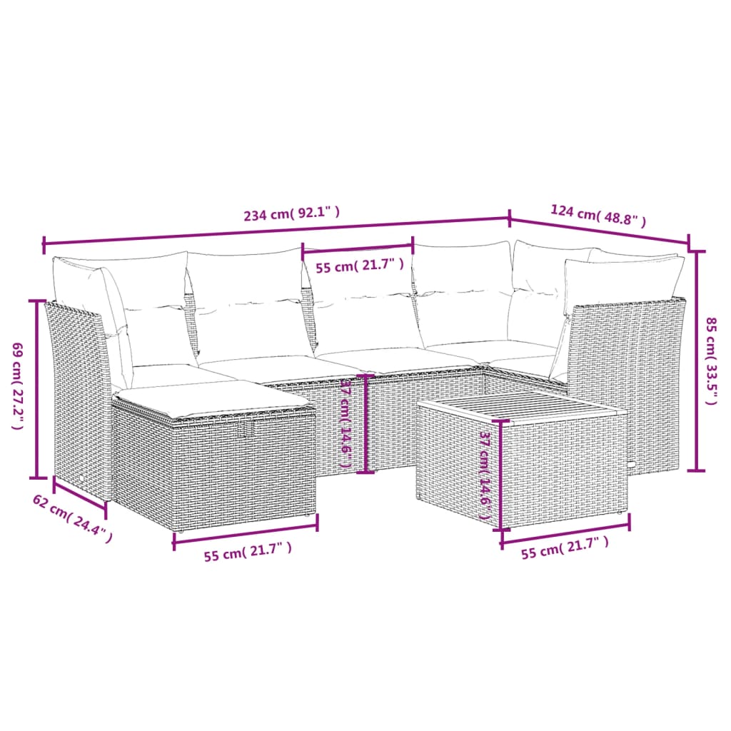 Salon de jardin avec coussins 7 pcs gris résine tressée