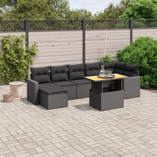 Salon de jardin 8 pcs avec coussins noir résine tressée