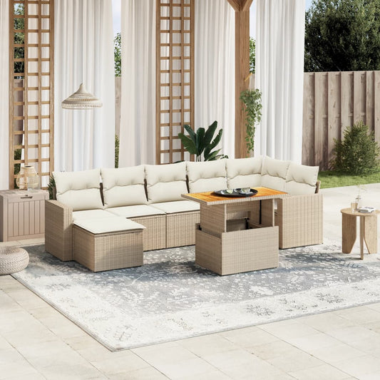 Salon de jardin avec coussins 8 pcs beige résine tressée