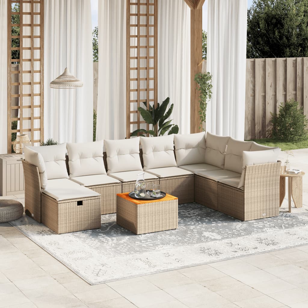 Salon de jardin avec coussins 9 pcs beige résine tressée