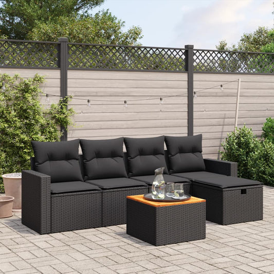 Salon de jardin 6 pcs avec coussins noir résine tressée