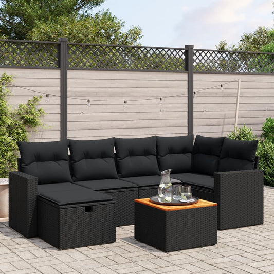 Salon de jardin 7 pcs avec coussins noir résine tressée