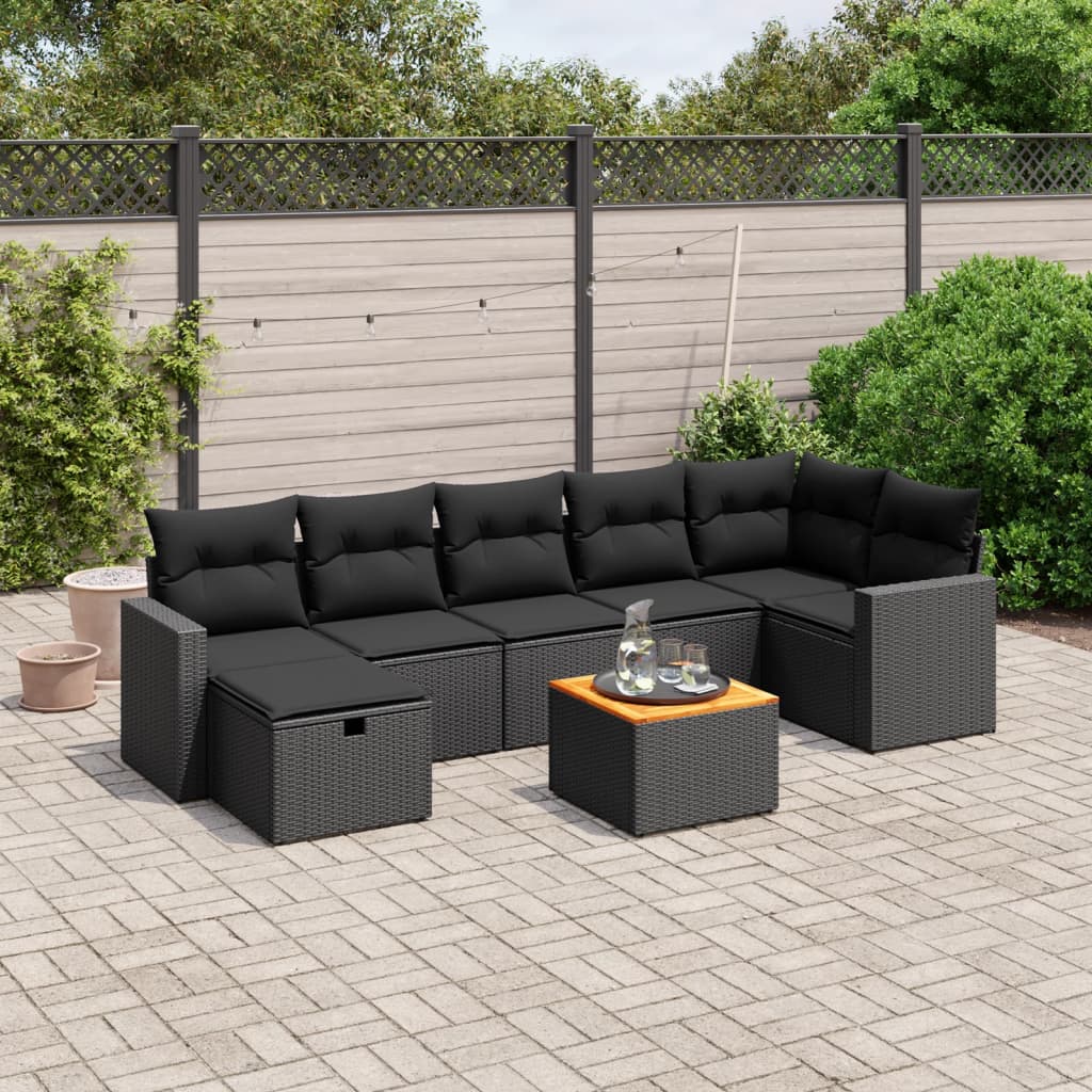 Salon de jardin 8 pcs avec coussins noir résine tressée