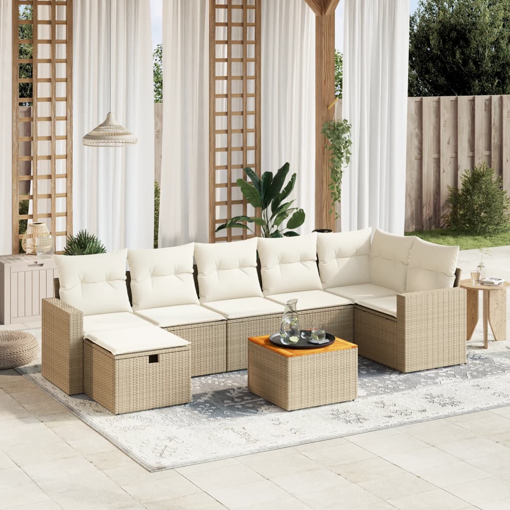 Salon de jardin avec coussins 8 pcs beige résine tressée