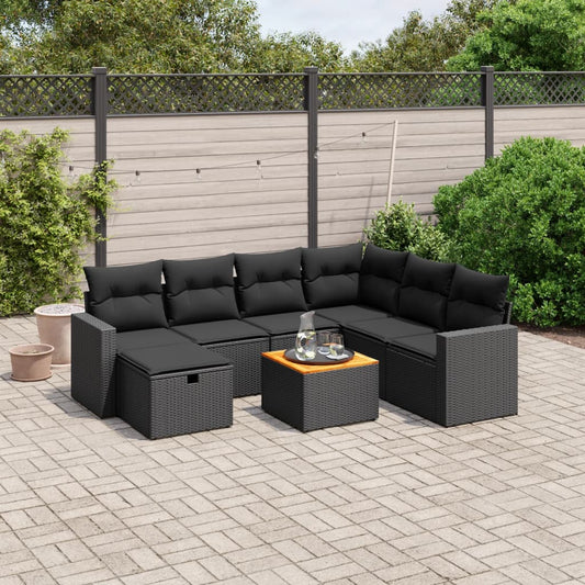 Salon de jardin 8 pcs avec coussins noir résine tressée