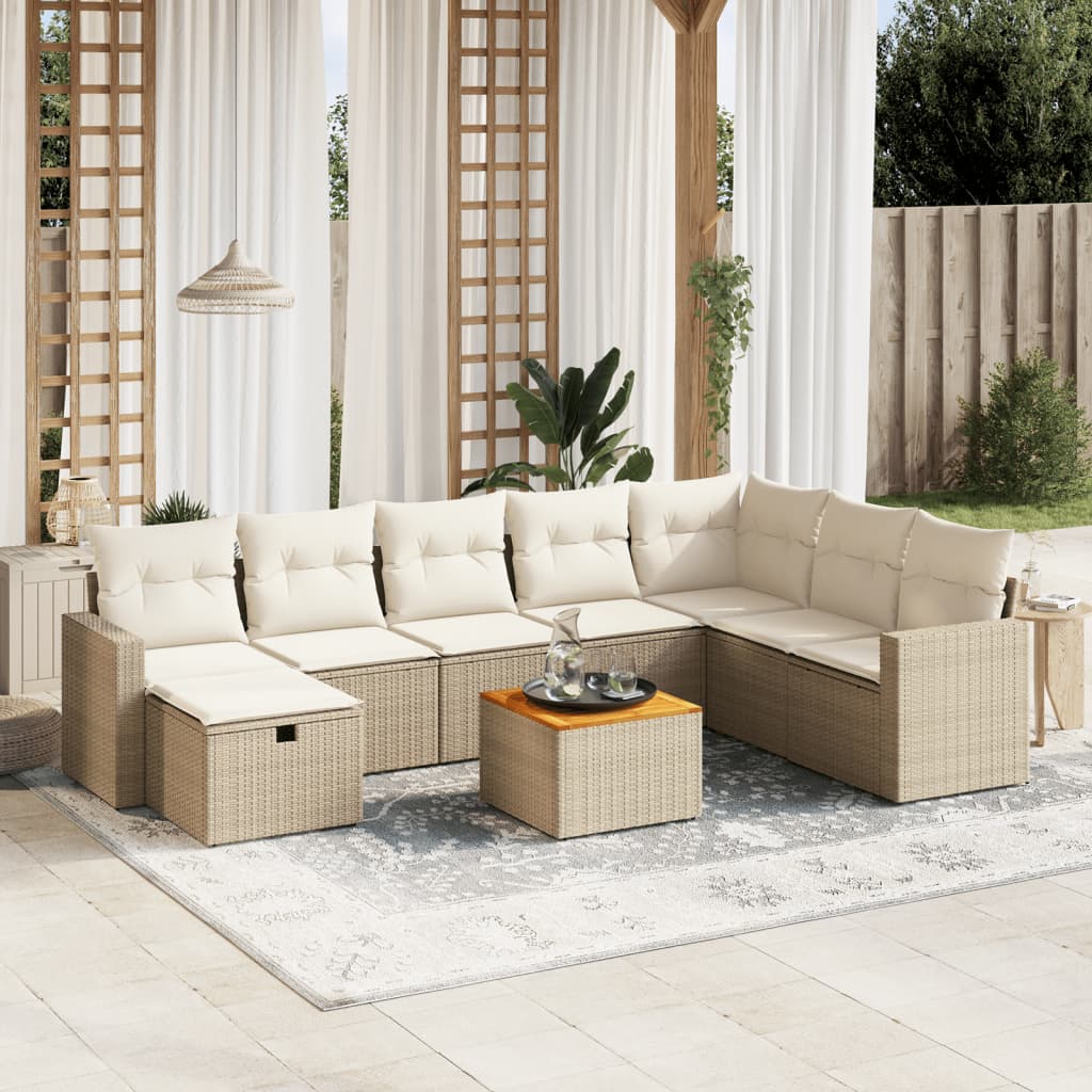 Salon de jardin avec coussins 9 pcs beige résine tressée