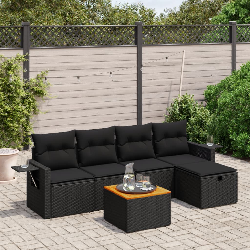 Salon de jardin 6 pcs avec coussins noir résine tressée