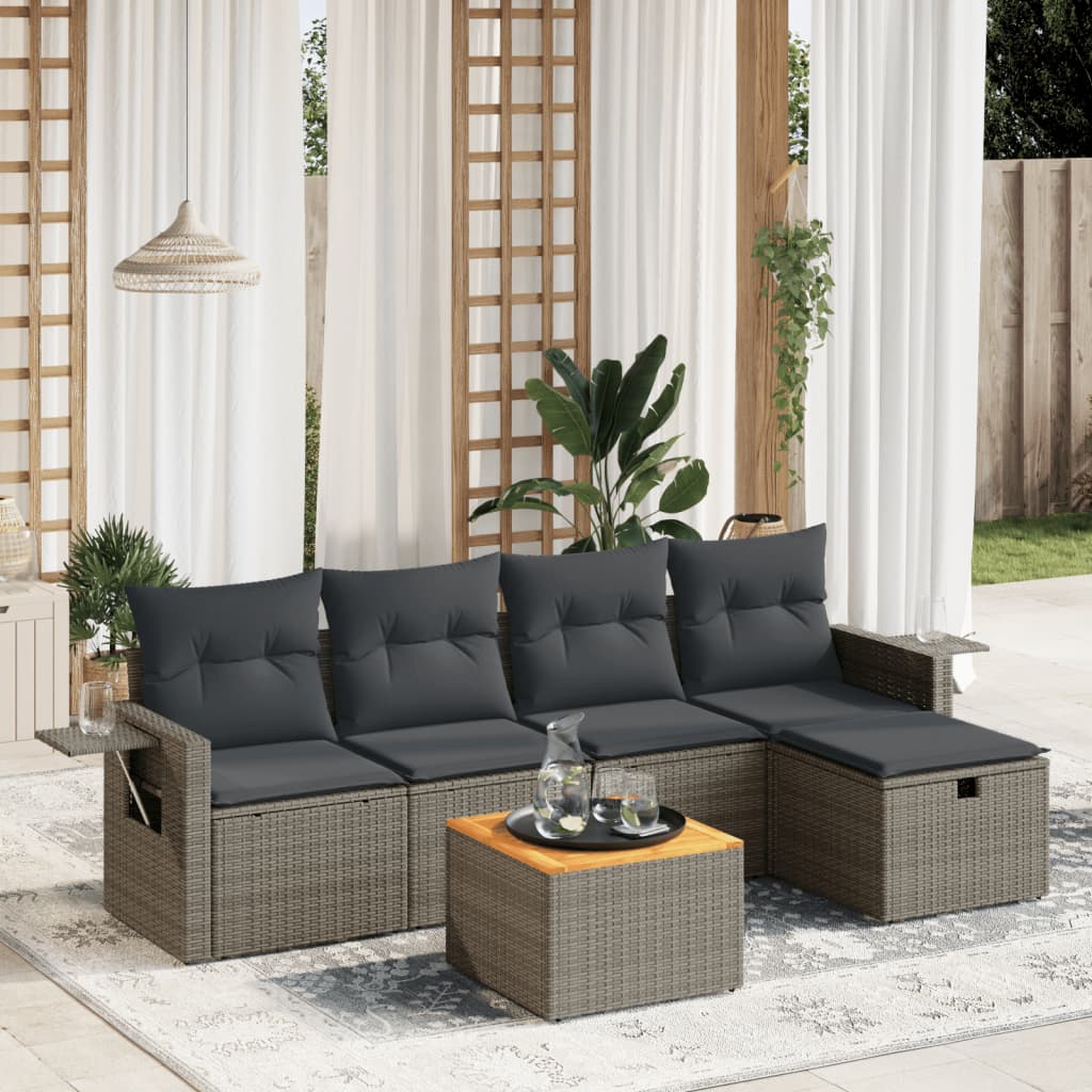 Salon de jardin 6 pcs avec coussins gris résine tressée