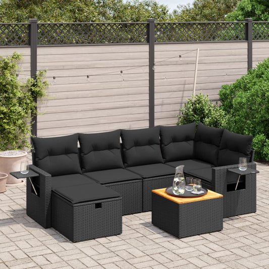 Salon de jardin 7 pcs avec coussins noir résine tressée