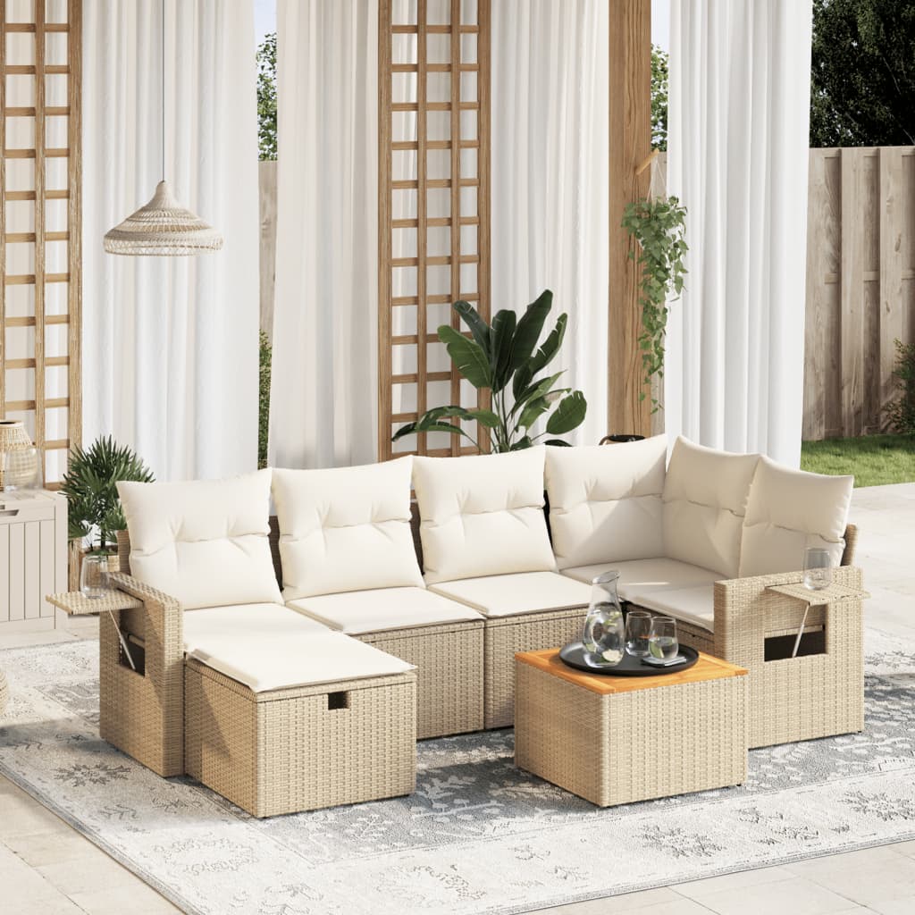 Salon de jardin avec coussins 7 pcs beige résine tressée