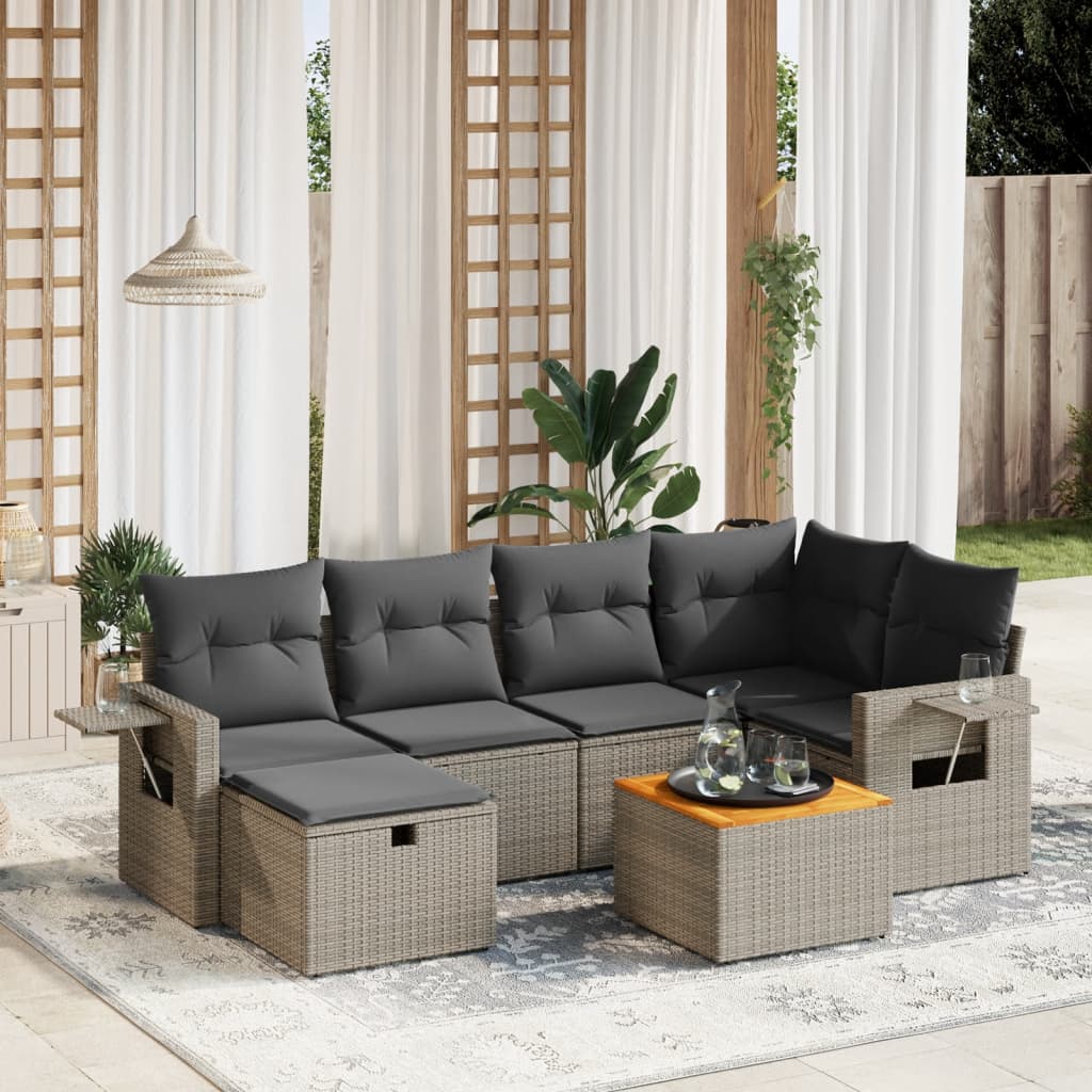 Salon de jardin avec coussins 7 pcs gris résine tressée