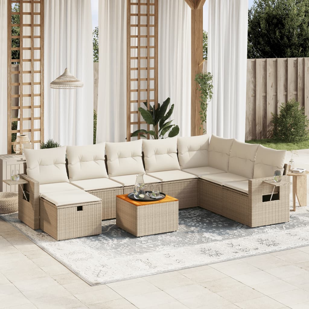 Salon de jardin avec coussins 9 pcs beige résine tressée