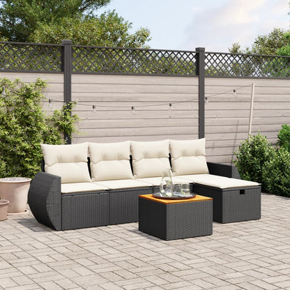 Salon de jardin 6 pcs avec coussins noir résine tressée