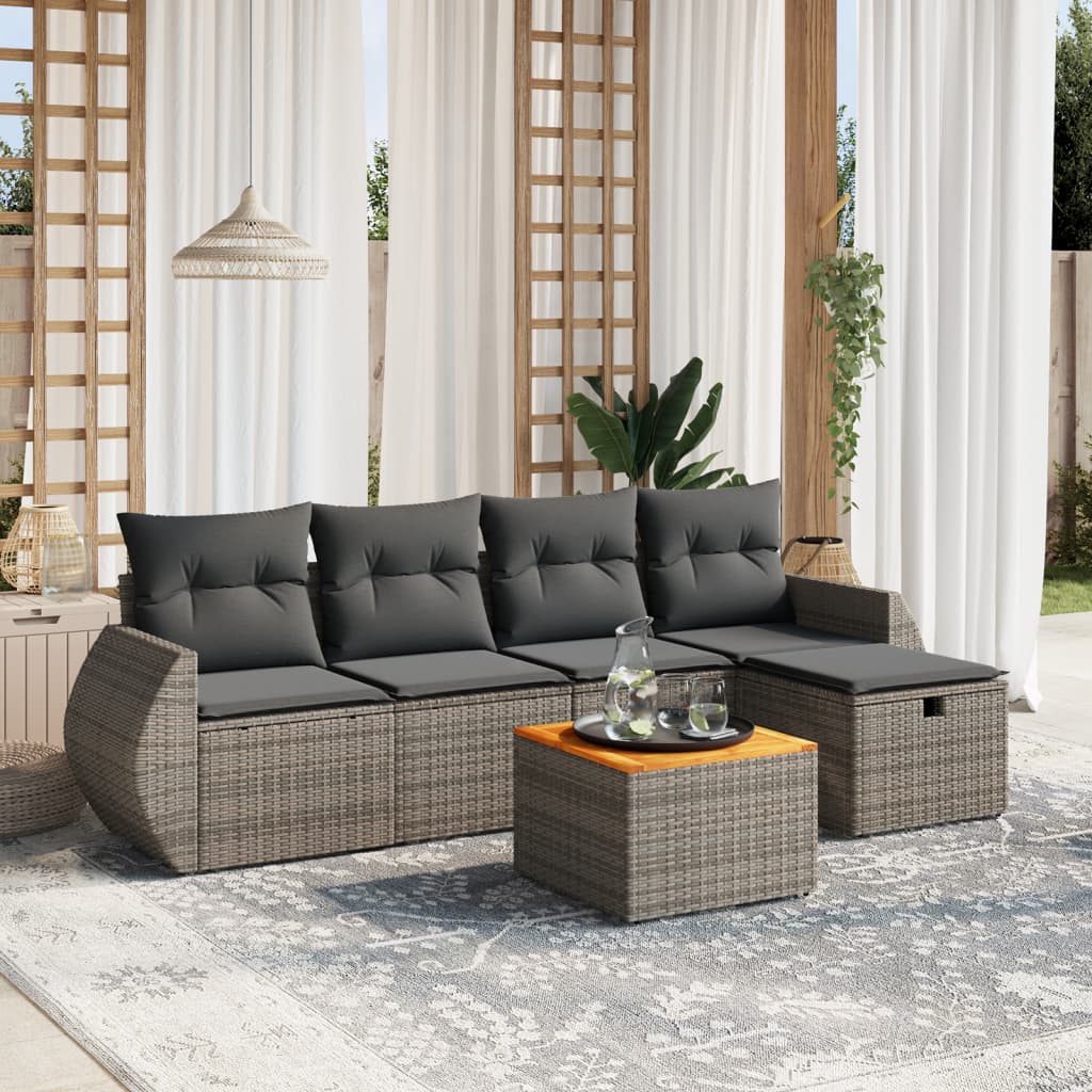 Salon de jardin 6 pcs avec coussins gris résine tressée