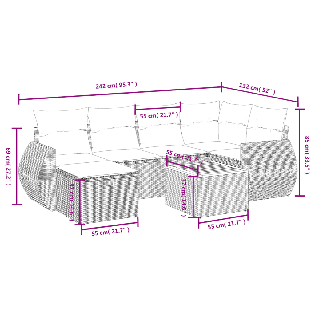 Salon de jardin avec coussins 7 pcs gris résine tressée