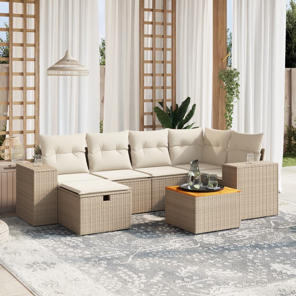 Salon de jardin avec coussins 7 pcs beige résine tressée