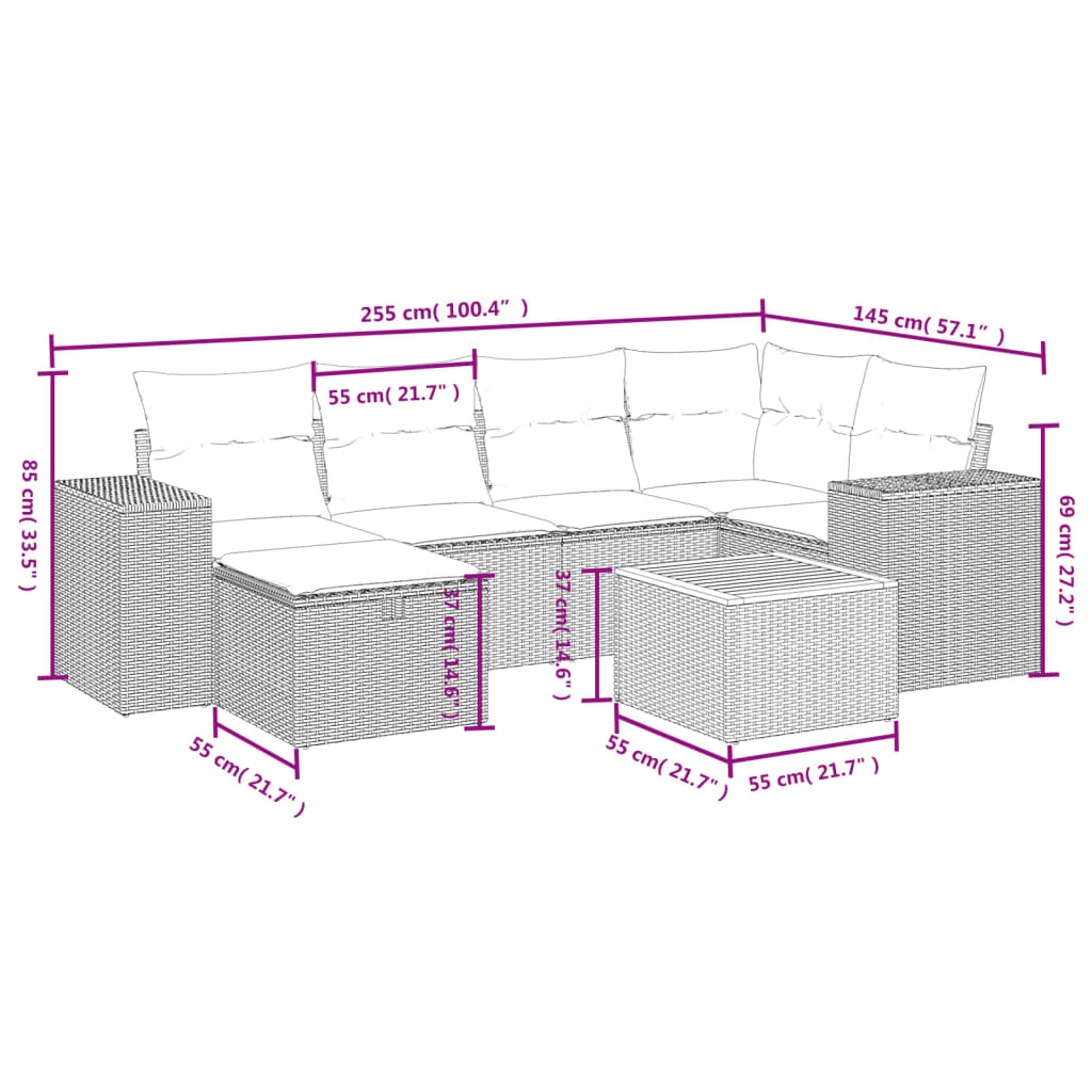 Salon de jardin avec coussins 7 pcs gris résine tressée