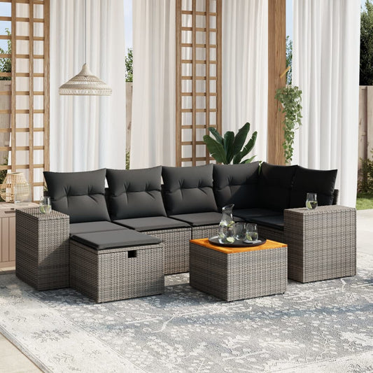 Salon de jardin avec coussins 7 pcs gris résine tressée