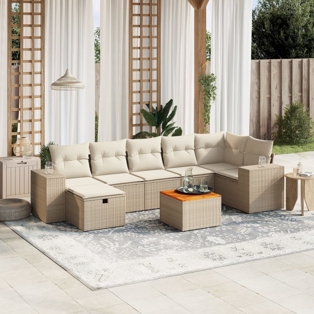 Salon de jardin avec coussins 8 pcs beige résine tressée