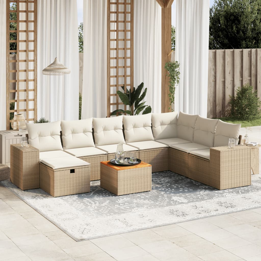 Salon de jardin avec coussins 9 pcs beige résine tressée