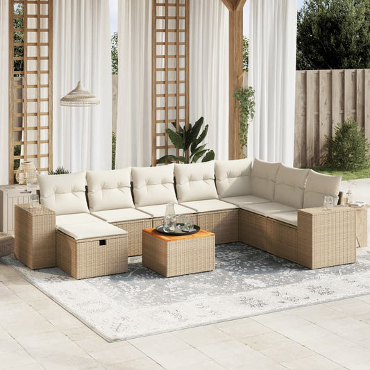 Salon de jardin avec coussins 9 pcs beige résine tressée