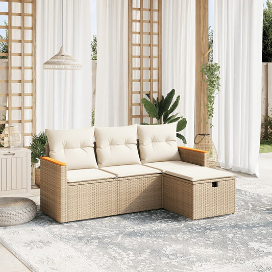 Salon de jardin avec coussins 4 pcs beige résine tressée