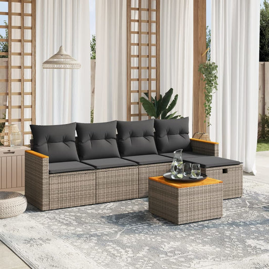 Salon de jardin 6 pcs avec coussins gris résine tressée