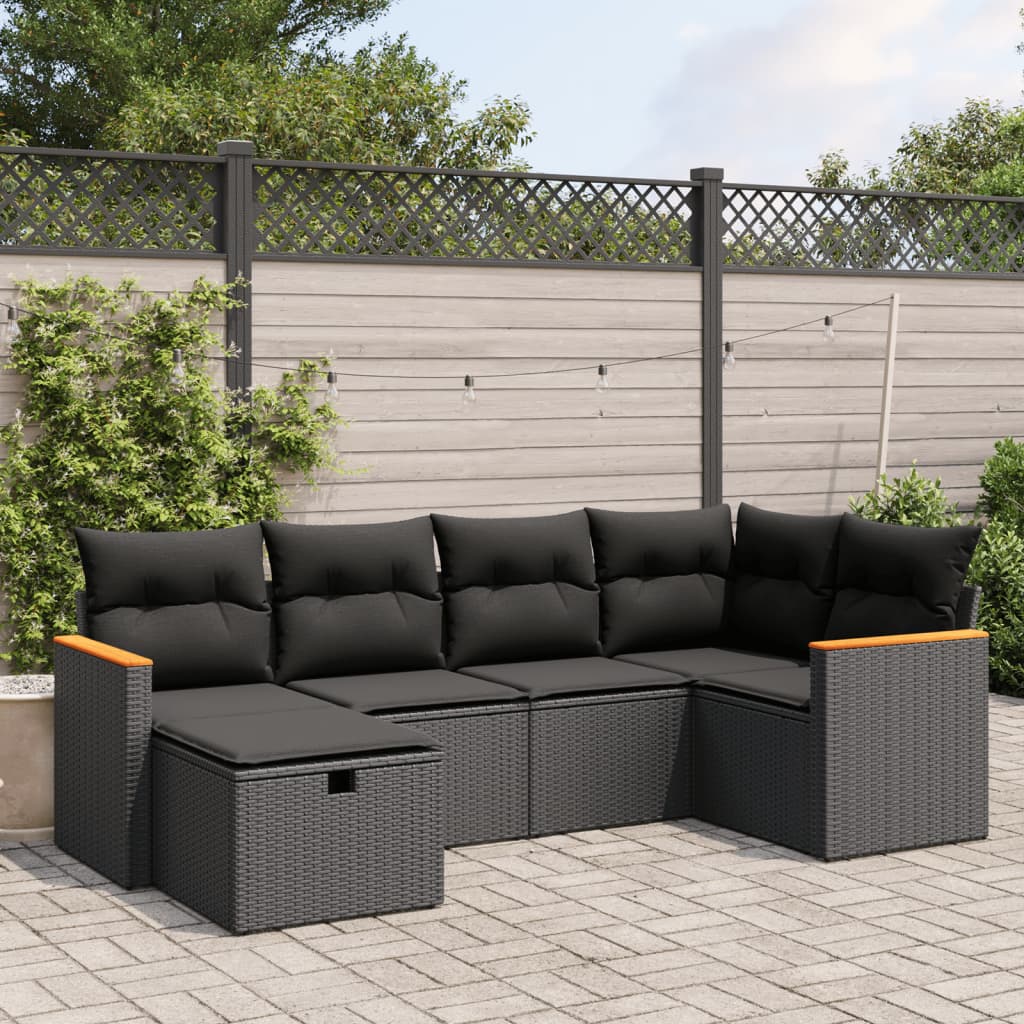 Salon de jardin 6 pcs avec coussins noir résine tressée