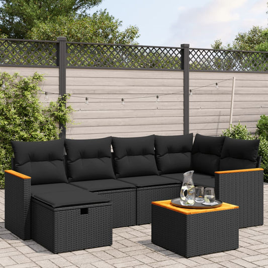 Salon de jardin 7 pcs avec coussins noir résine tressée