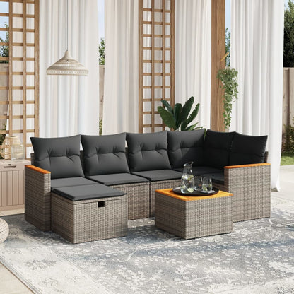 Salon de jardin avec coussins 7 pcs gris résine tressée