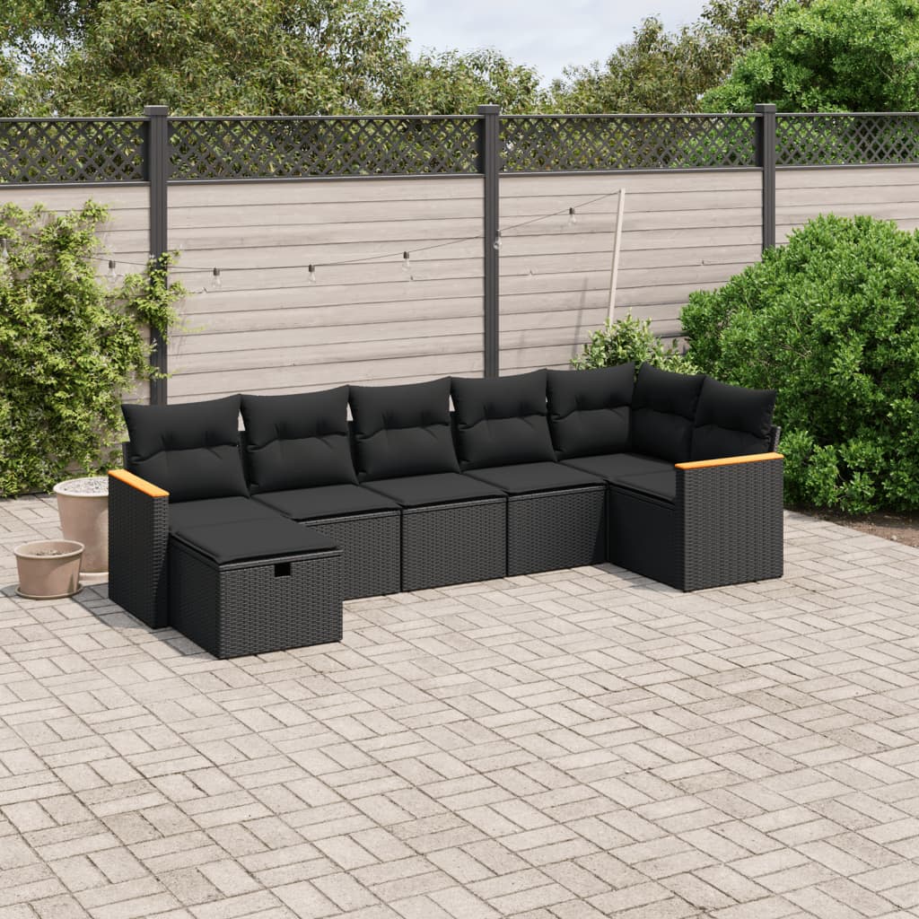 Salon de jardin 7 pcs avec coussins noir résine tressée