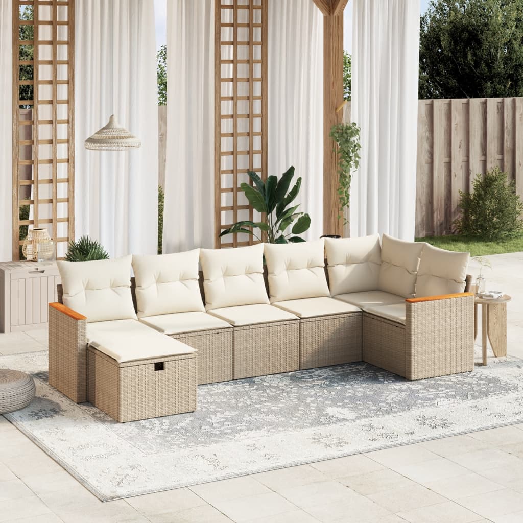 Salon de jardin avec coussins 7 pcs beige résine tressée