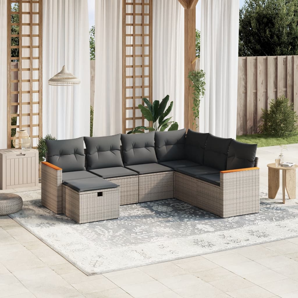 Salon de jardin avec coussins 7 pcs gris résine tressée