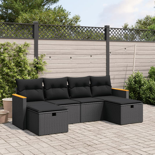 Salon de jardin 6 pcs avec coussins noir résine tressée