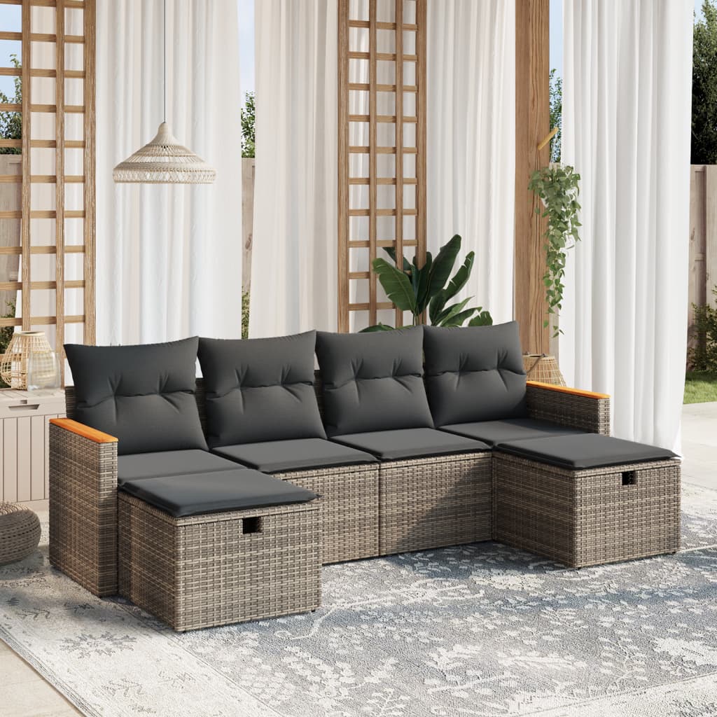 Salon de jardin 6 pcs avec coussins gris résine tressée