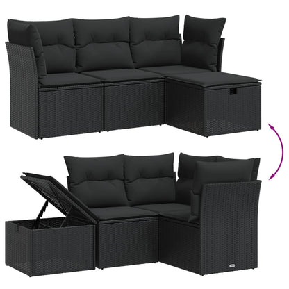 Salon de jardin 4 pcs avec coussins noir résine tressée