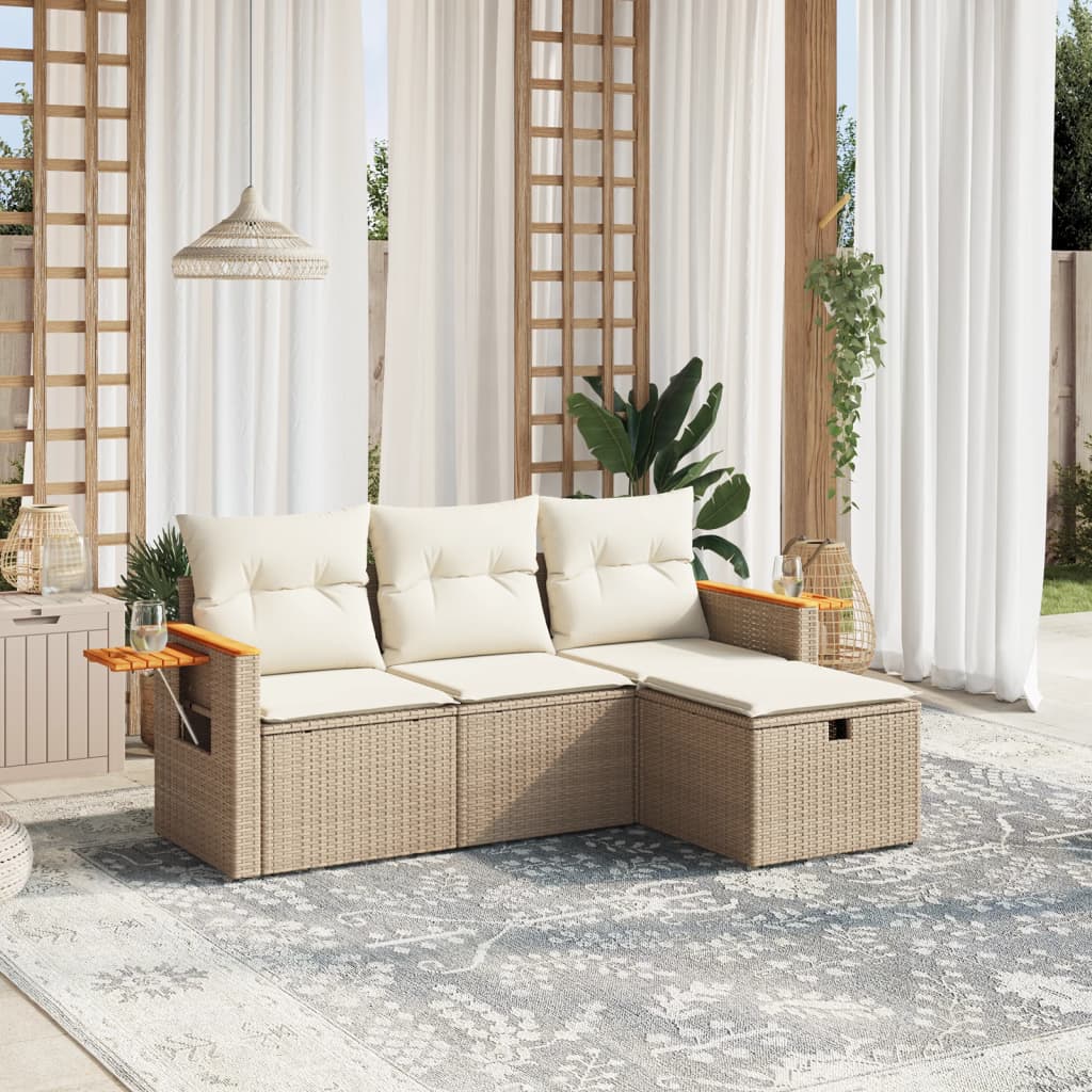 Salon de jardin avec coussins 4 pcs beige résine tressée