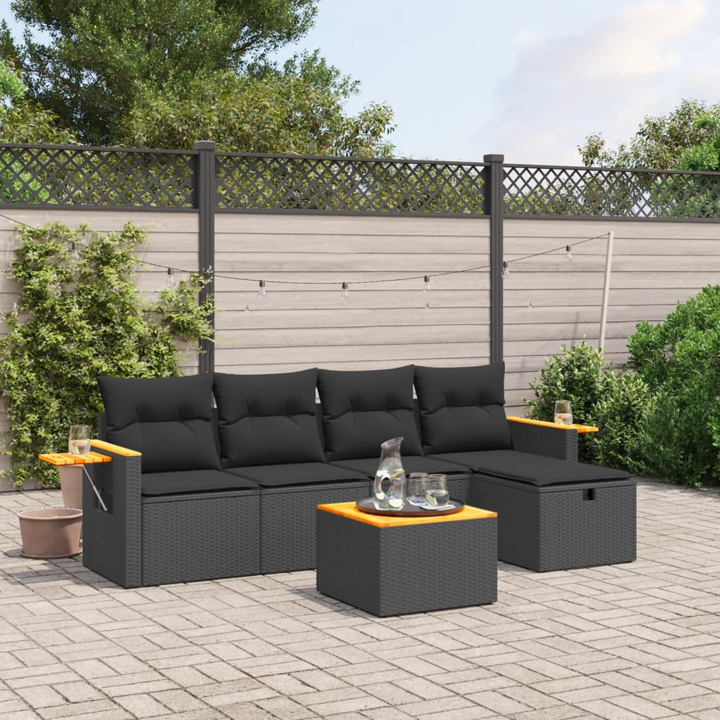 Salon de jardin 6 pcs avec coussins noir résine tressée