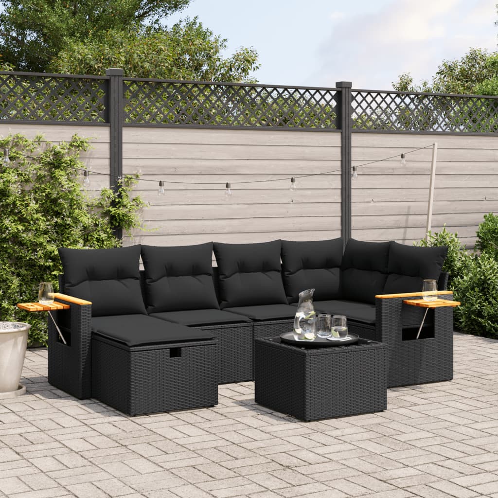 Salon de jardin 7 pcs avec coussins noir résine tressée