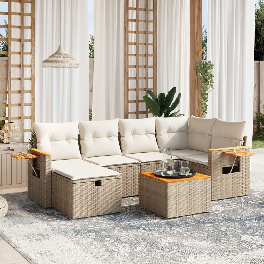 Salon de jardin avec coussins 7 pcs beige résine tressée