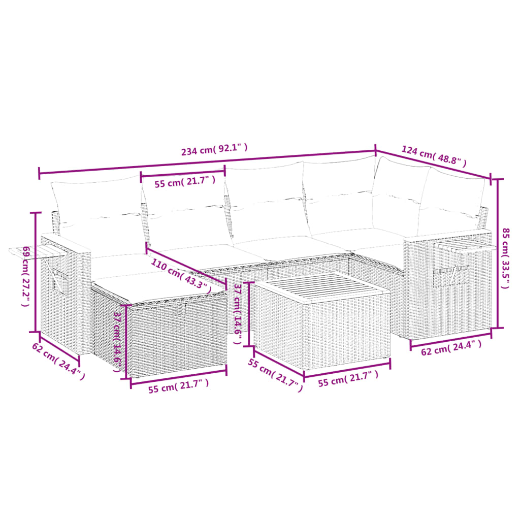 Salon de jardin avec coussins 7 pcs gris résine tressée